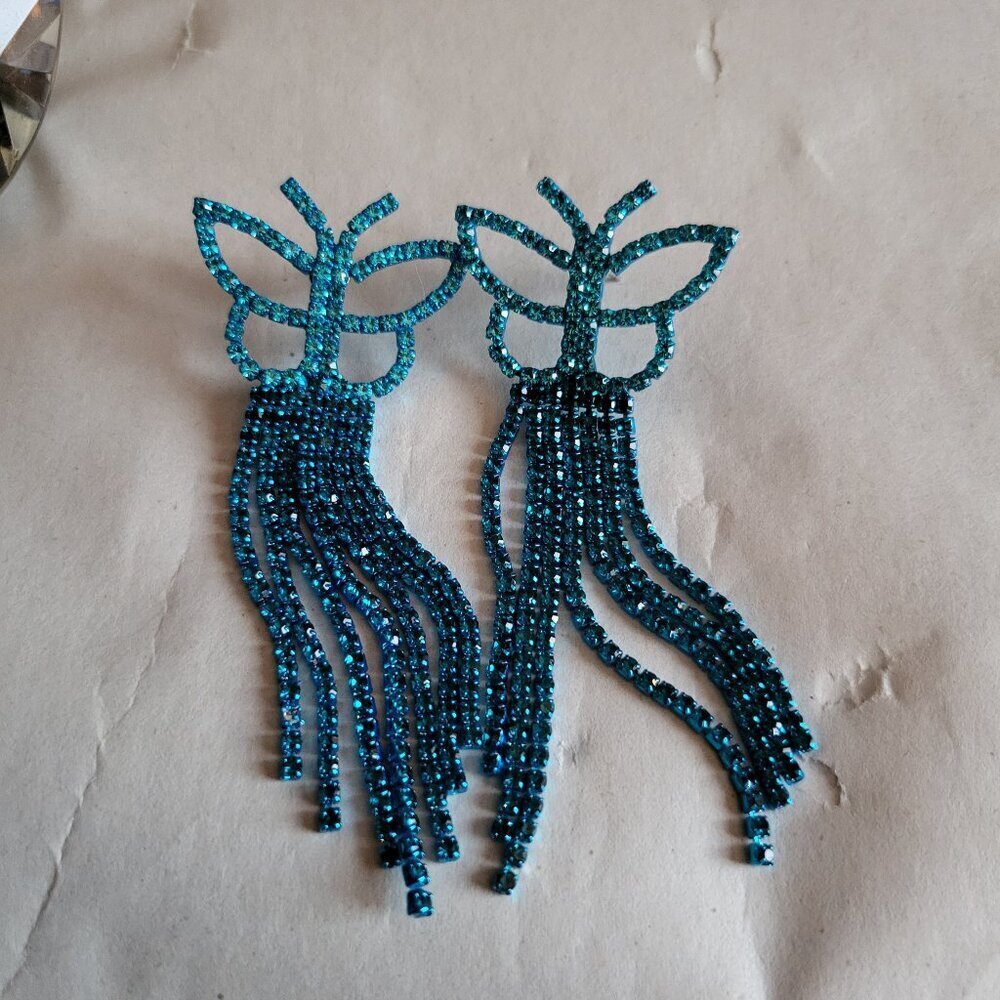 TEAL RHINESTONE BUTTERFLY DANGLE EARRINGS - Picture 2 of 4